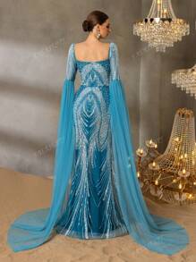 Faeriesty Faeriesty Elegant Evening Gown With Heart-Cut Neckline & Ethereal Sheer Sleeves - Mermaid Silhouette Formal Dress With Embellished Train - For Red Carpet Galas, Luxury Weddings, Diplomatic Balls