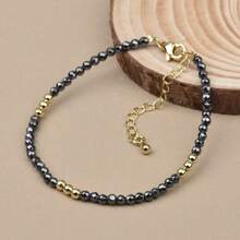 1pc Men's 3mm Black Onyx, Quartz, Lapis Lazuli Bead & Golden Copper Bead Adjustable Bracelet, Suitable For Daily Wear And Gift