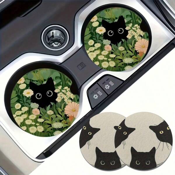 1 Set Of 2 Cat Glass Patterned Car Cup Holder Pads, Universal Compatible, Made Of Natural Rubber Anti Slip Polyester Back, Absorbent Knitted Fabric, Cute Cartoon Storage Pad, Used For Vehicle Interior Size 2.8 Inches, Washable, Single Weight 15 Grams