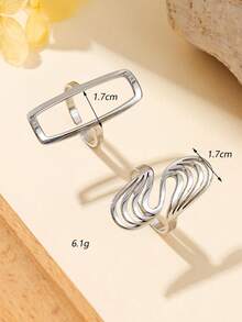 2pcs Stainless Steel Gold Rectangular & Oval Hollow Ring Set, Suitable For Women's Daily Decoration And Gift - Silver - View 3