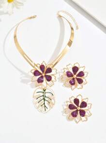Set de 3 piezas de collar + pendientes con diseño de flor hueca de gota de aceite de estilo bohemio y colorido para mujeres, adecuado para uso diario, casual, playa, cita, fiesta, regalo