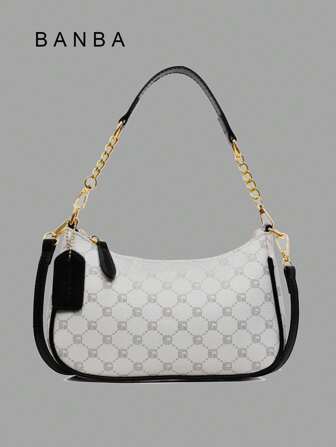 1 pieza Bolso de hombro de color liso de PU para mujer, bolso versátil para debajo del brazo para ir al trabajo, bolso bandolera ajustable con cadena e impresión de letras