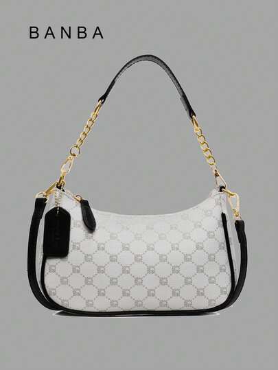 1 件女士纯色 PU 单肩包，多功能腋下包，适合上班通勤，可调节肩带斜挎包，带链条和字母印花