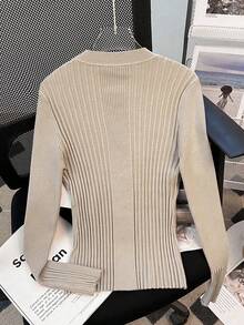 V-Neck Design With Thin Buckle, Long Sleeve, Ribbed Sweater, Bottom Cardigan For Women, Autumn/Winter - Light Khaki - View 7