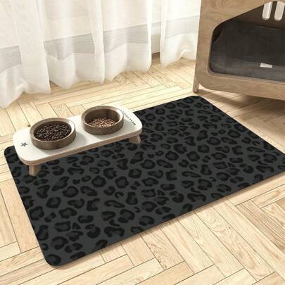 1pc Black Leopard Print Pet Feeding Mat, Rubber Non-Slip Bottom, Water-Absorbent & Easy To Clean Surface, Suitable For Cat And Dog Food Mat
