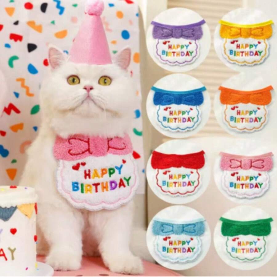 2024 Pet Birthday Hat Scarf Set Adjustable, Cat/Dog Birthday Supplies Mini Pet Saliva Towel Cat/Dog Supplies - Yellow - View 1