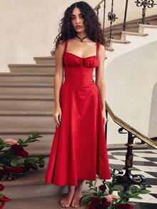 Mujeres Temperamento Moda Senior Sentido Francés Tirantes Suave Viento Vestidos Largo Dividido, Mujeres Temperamento Elegante Sexy Tirantes Vestido Elástico, conjuntos elegantes de mujer falda,Suave y Cómodo Tejido Agradable a la Piel, Adecuado para Banquetes, Asistir a Eventos, Hospedaje, Playas, Viajar Sesiones de Fotos, Fotografía de Calle, Trabajo y Uso Casual Diario. - Rojo - Ver 3