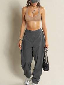 Áo croptop nữ tối giản ôm sát, chất liệu xuyên thấu, không tay, kiểu dáng đường phố, màu trơn, phù hợp cho tập thể dục thể thao. - Màu Khaki - Xem 5
