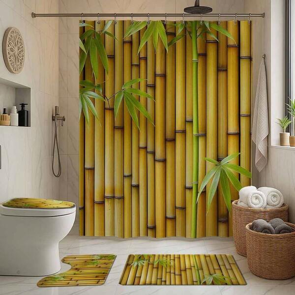 1/4pcs Green Bamboo Pattern Bathroom Decor Set, Shower Curtain, Bath Mat, U-Shape Toilet Lid Cover, Waterproof Shower Curtain, Fashion Window Curtain, Modern Bathroom Divider, No Drilling Required, Washable Polyester Back To School