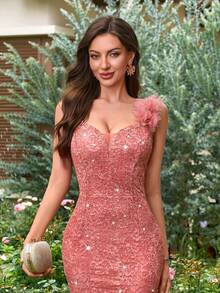 MIUSOL Đầm xẻ cao xếp lớp, đính sequin, ren hoa, lưới, kiểu dáng thanh lịch dành cho nữ, thích hợp dự tiệc cưới, lễ tốt nghiệp, tiệc tối trang trọng và các dịp khác, ngày lễ tình nhân mùa xuân. - Bụi hồng - Xem 9