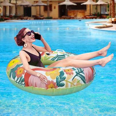 1pc Flamingo Tropical Print Swimming Ring With Handle, PVC Adult Swimming Float Board, Summer Pool Leisure Lounger, Water Floating, Beach Sunbathing, Pool Decoration Buoy - Suitable For Deep Water - Christmas