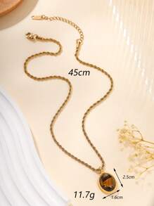 1pc Stainless Steel Gold Twisted Chain Necklace With Oval Tiger Eye Stone Pendant, Suitable For Women's Daily Decoration Or Gift