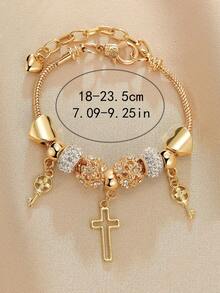 1pc Fashionable Heart, Cross, Floral Beaded Bracelet With Golden Tone Charm Pendant For Women - Yellow Gold - View 4