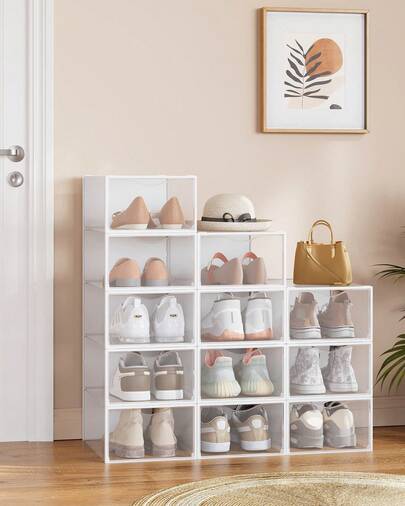 Boîtes à Chaussures, Organisateurs en Plastique, avec Porte, Lot de 12/18, Empilables, Montage Facile, 33,2 x 23 x 14,5 cm, pour Pointure jusqu'à 43, Transparentes et Blanc Nuage