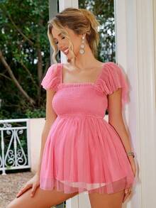 Joyfunear Maternity Ruched Hem Square Neck Blouse, Summer - Pink - View 3