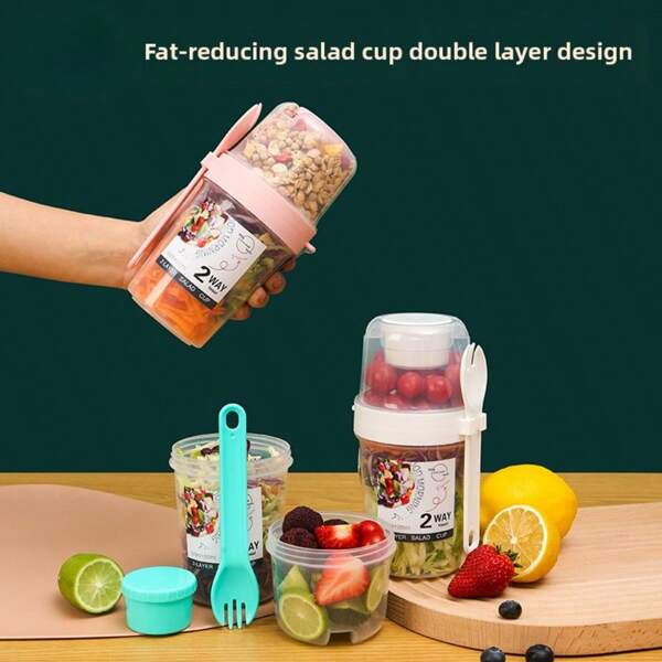 1pc Breakfast Salad Cup Breakfast Food Container Jar, Portable Fruit And Vegetable Light Food With Fork Cover Yogurt Cup Slimming Cup Portable Water Cup For School Office ,Kitchen,Christmas Gift.,School Supplies