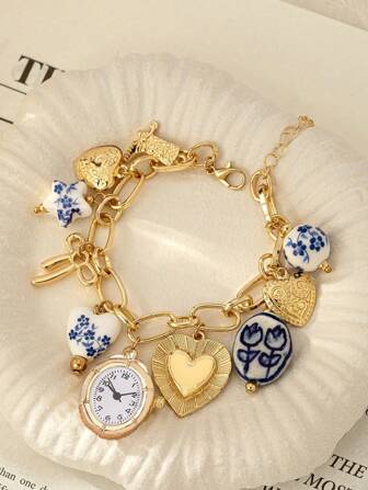 1 件带仿钟心形小盒蝴蝶结陶瓷饰物的串珠手链，牛仔靴蝴蝶结手链首饰（陶瓷印花图案细节可能有所不同）