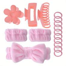 Set de 16 piezas que incluye: diademas con cinta, cintas para la cara/muñeca, pinzas para el cabello con flores, masajeador del cabelludo, cepillo de champú, para el cuidado diario, faciales, viajes, con artículos a juego de color adecuados para el hogar, vuelta al colegio, verano y viajes