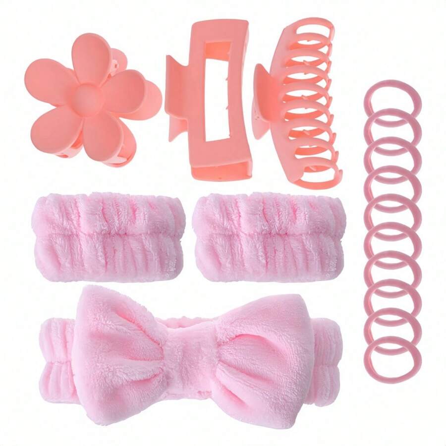 Set de 16 piezas que incluye: diademas con cinta, cintas para la cara/muñeca, pinzas para el cabello con flores, masajeador del cabelludo, cepillo de champú, para el cuidado diario, faciales, viajes, con artículos a juego de color adecuados para el hogar, vuelta al colegio, verano y viajes