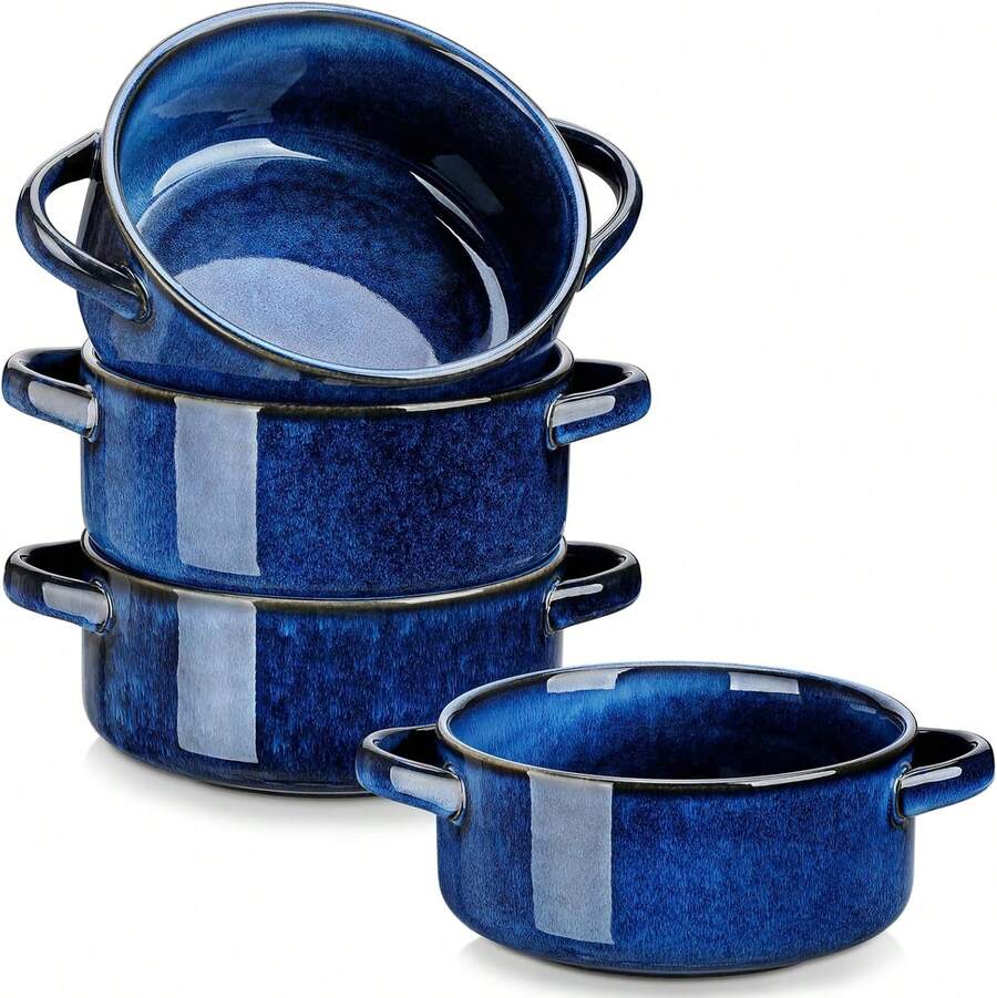Tazones de sopa con estrellas y asas, tazones de sopa francesa de cebolla de 30 onzas, tazones de sopa resistentes al horno para cereales, pasta, chile, estofado, juego de 4 tazones de sopa grandes, azul - Azul y blanco - Ver 1