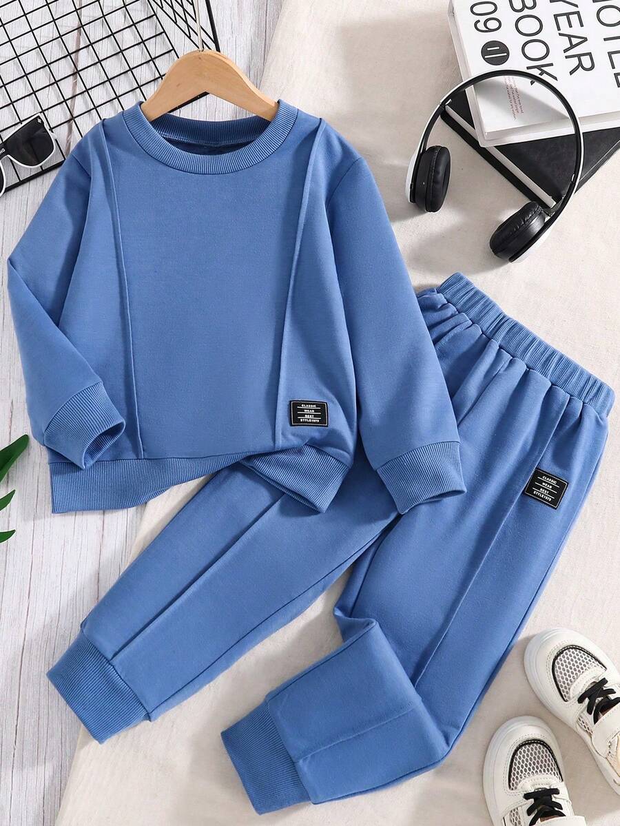 Tween Boy Letter Embroidery Crew Neck Sweatshirt And Pants Set - Blue - View 1