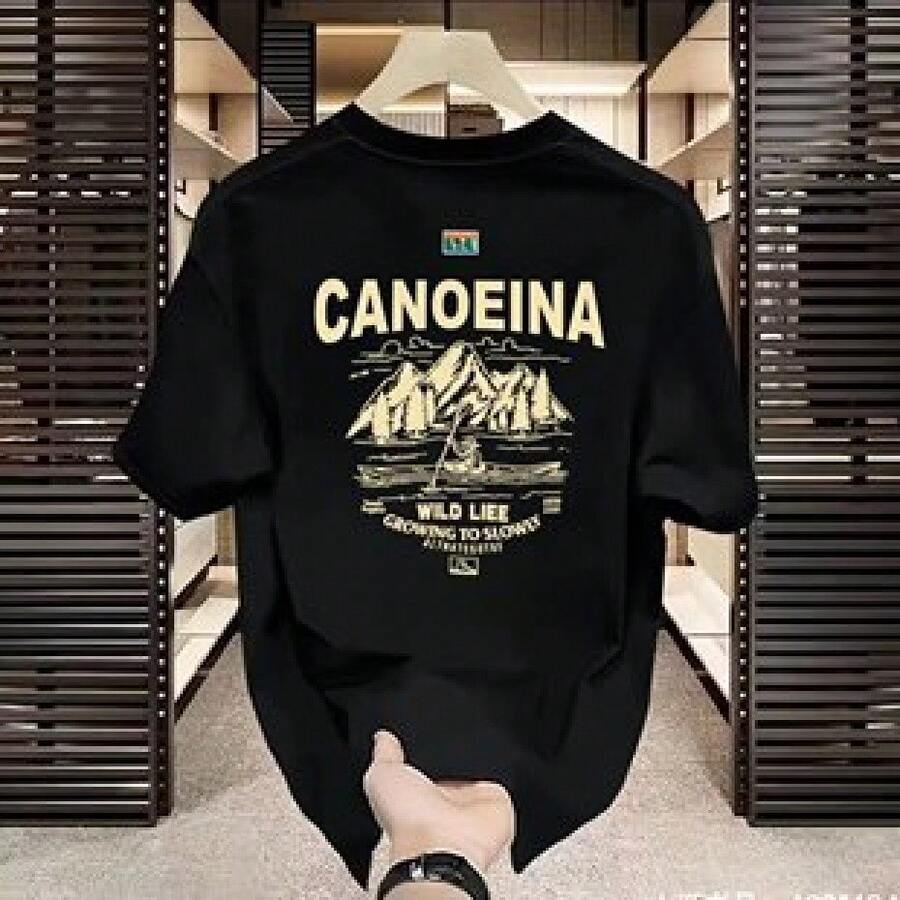Round Neck Black T-Shirt With Canoeina Mountain Print And Text For Outdoor Activities - Black - View 1