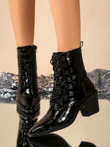 Women's Vintage Crocodile Embossed Side Zipper Lace-Up Ankle Boots, Pointed Toe 7cm Chunky Heels, Gothic Style Fashion Boots Suitable For Commuting, Autumn/Winter, Party Occasions - Black - View 1