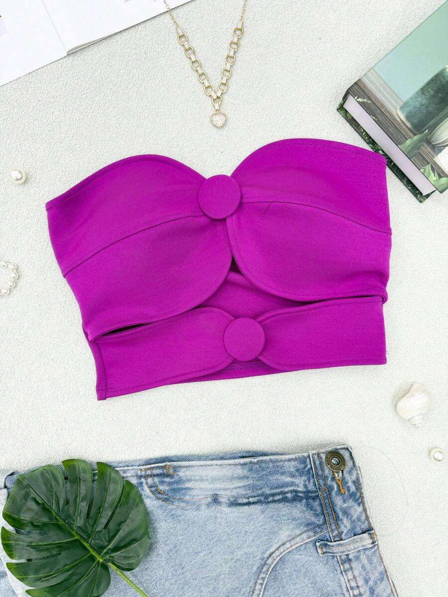 ELLIE Women's Strapless Crop Top With Button Details - 紫色 - 查看 1