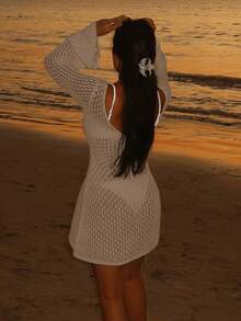 女士长袖镂空泳衣罩衫，优雅波西米亚海滩度假风，V领薄裙摆，夏季度假必备 - 卡其色 - 查看 6