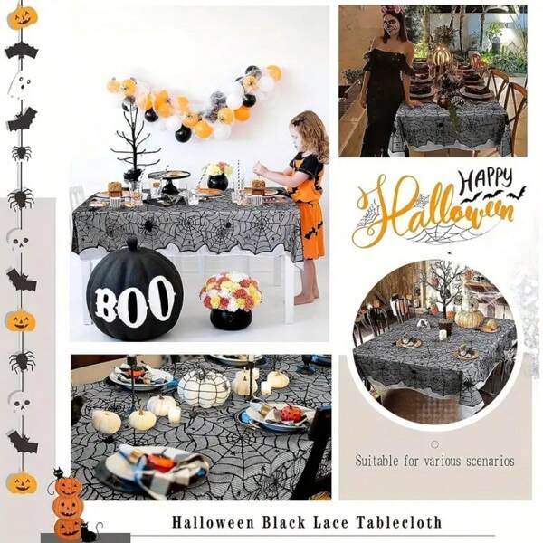 1pc Black Lace Spider Web Tablecloth - Halloween Spider Web Decor, Suitable For Fireplace, Mantel, Kitchen, And Party Table Setting