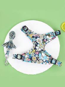 1pc Daisy Flower Print Pet Harness Set, Daisy Flower Print Pattern, Summer Breathable Mesh Material With Reflective Stripe, Adjustable Non-Choke Cat/Dog Harness And Leash Set, Suitable For Small/Medium Pets