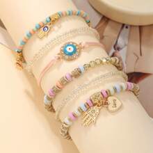 Multiple-Piece Bohemian Creative Devil Eye, Palm & Heart Beaded Multilayer Stretch Bracelet Set