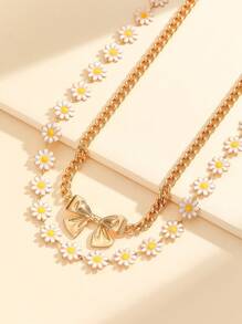 Set de 2 collares de dije con pajarita y flor margarita de aleación de zinc, adecuados para uso diario, fiestas y viajes de niñas/mujeres, mejor amiga