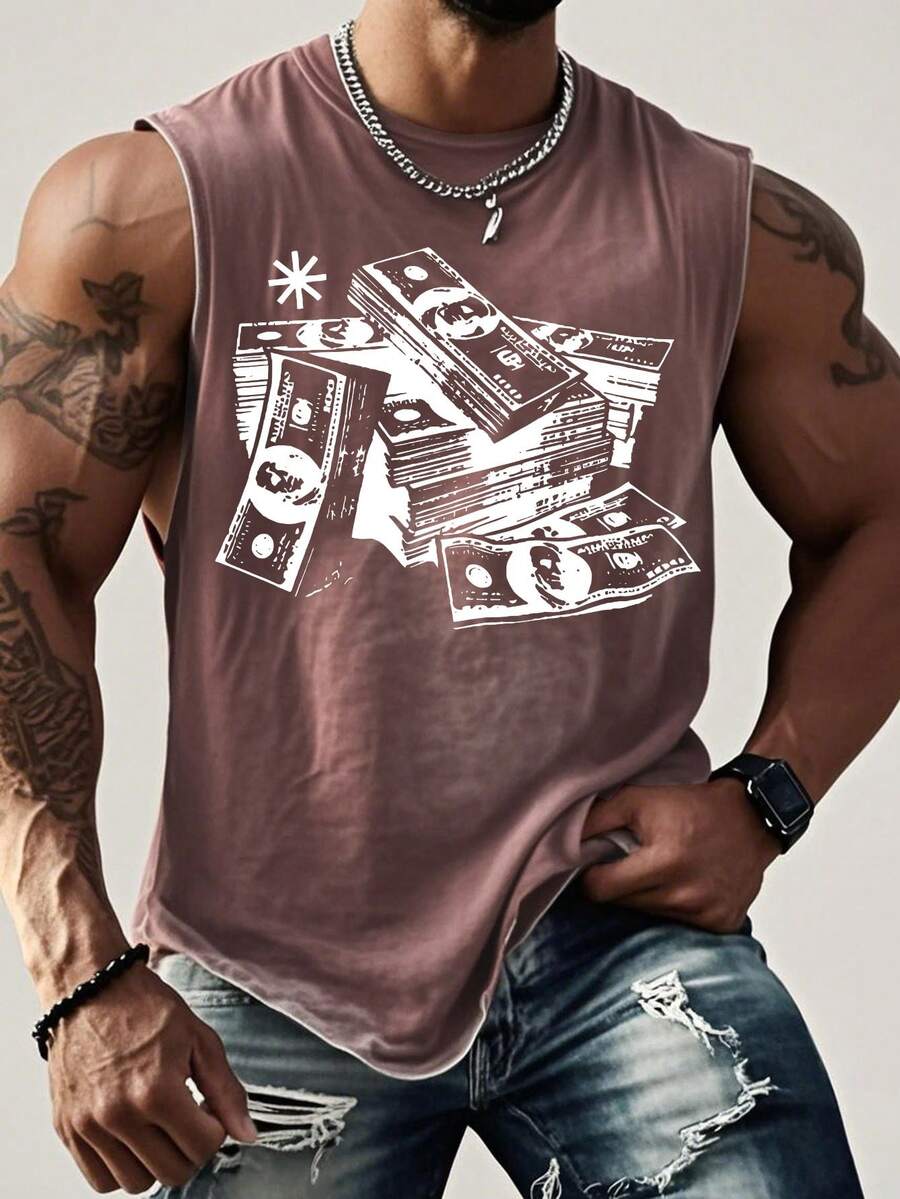 Accumulated Money Print New Men's Premium Printed 230G Heavy Pure Cotton Washed And Aged Waistcoat Sleeveless Vest Men's T-Shirt, Summer Casual T-Shirt Casual T-Shirt - 咖啡色 - 查看 1