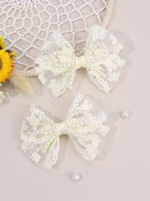 2 piezas/4 piezas Pinzas para el cabello con lazos de tul rosa y blanco para niñas, lazos de perlas artificiales, accesorios elegantes para el cabello para uso diario de adolescentes como regalo