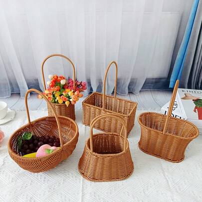 1pc Woven Rattan Flower Basket, Countryside Style Picnic Basket, Gift Basket For Floral Arrangement, Fruit, Candy
