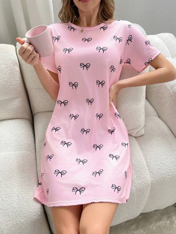 Women's Bow Print Sleepwear Nightgown, Casual Knit Round Neck Short Sleeve T-Shirt & Mini Skirt, Comfortable Spring & Summer Sleepwear & Loungewear For Young Ladies