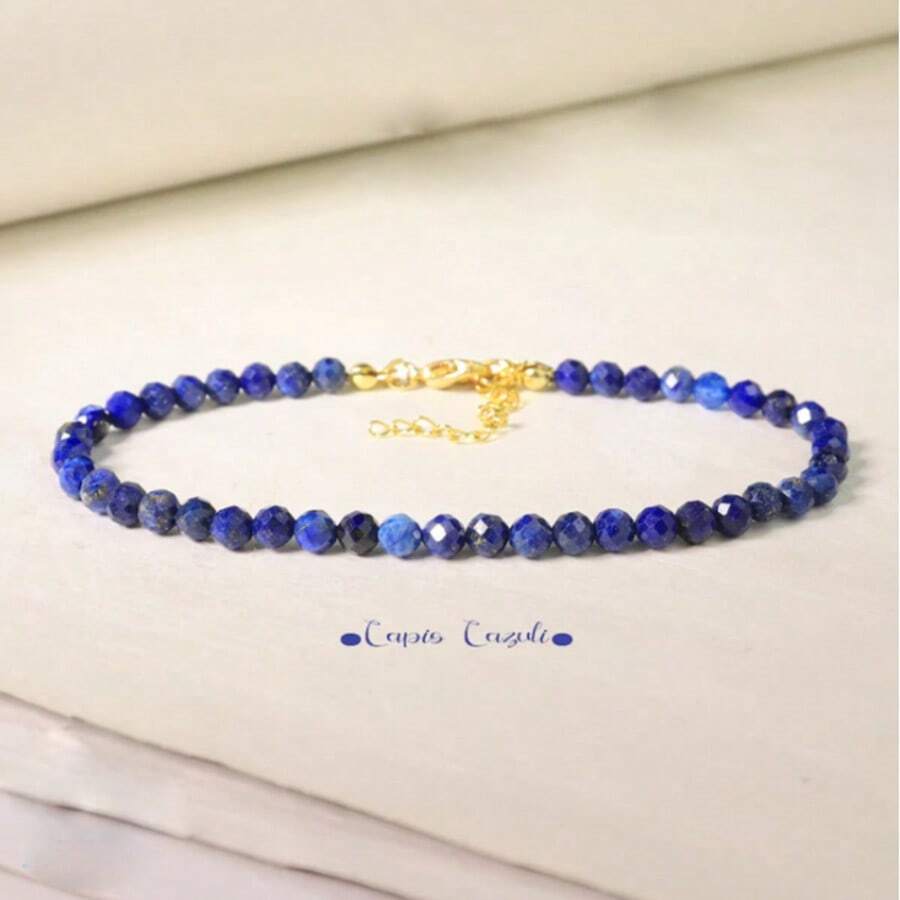 1 件天然青金石手链 - 十二月诞生石珠宝，超薄可堆叠设计，带有金色色调装饰，优雅简约的女士日常佩戴，全年永恒的礼物