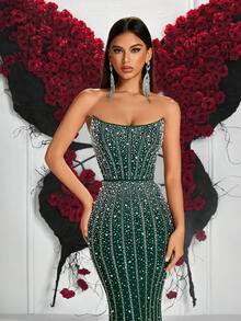ADYCE 女士手工串珠刺绣露背吊带高腰长款派对礼服，适合舞会、生日派对、正式晚宴、约会、返校节、婚礼宾客、盛大晚宴、家庭聚会等场合。 - 墨綠色 - 查看 9