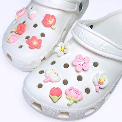 12pcs Cherry Blossom Themed Hole Decoration Shoe Charms - Pink & White Flowers, Romantic Spring Shoe Ornaments