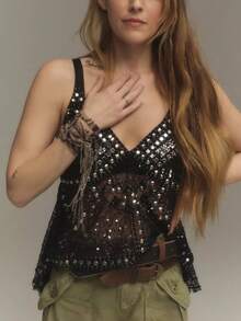 Women's Y2K Rivet Tank Tops Stylish Sequin Side Tie Sheer V Neck Crop Tops Spaghetti Straps Camisoles For Summer Streetwear Aesthetic Tops Vintage Fairy Grunge Punk Clothes - 黑色 - 查看 1