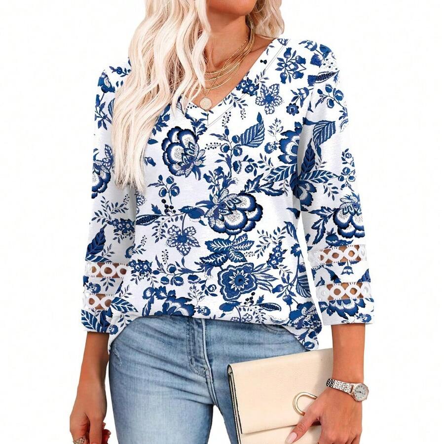 XIEERDUO 3/4 Length Sleeve Womens Tops Dressy Casual Blouses For Women 2025 V Neck T Shirts Summer Clothes - Z 白色印花 - 查看 1