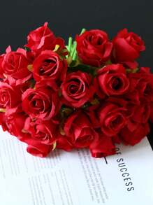 12 Pcs, 26.5cm/10.4 Inch, Red Rose Flower Artificial Bouquet, Fake Flower Home Decor Arrangement. Stems Are Bendable With Wire. Suitable For Kitchen, Office, Bathroom, Dining Table, Coffee Table, As Well As Wedding And Engagement Decoration.