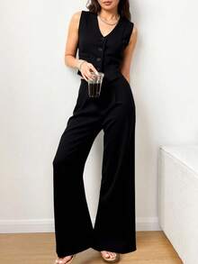 Traje de mujer de 2 piezas Top Traje sin mangas Cuello en V Chaleco Pantalón de pierna ancha Conjunto de traje - negro - Ver 1