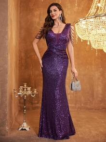 Chain Decor Sequin Fitted Mermaid Evening Dress - Red Violet - View 1