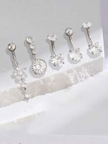 5 件性感奢华花卉心形锆石肚脐环女士身体穿孔首饰套装 - 銀色 - 查看 7