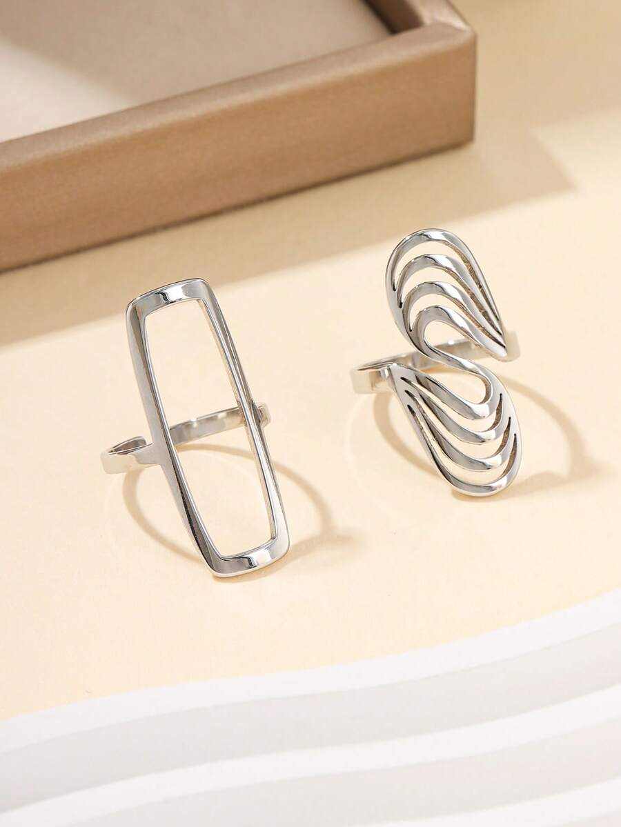 2pcs Stainless Steel Gold Rectangular & Oval Hollow Ring Set, Suitable For Women's Daily Decoration And Gift - Silver - View 1