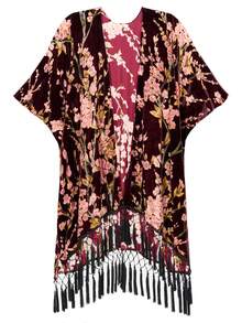 Easter Gift Burnout Velvet Kimono Cardigan For Women With Tassels, Elegant Flower Pattern, Swimsuit Cover-Up, Deep Red, 1 Size Fits All - Màu Đỏ Sâu - Xem 1