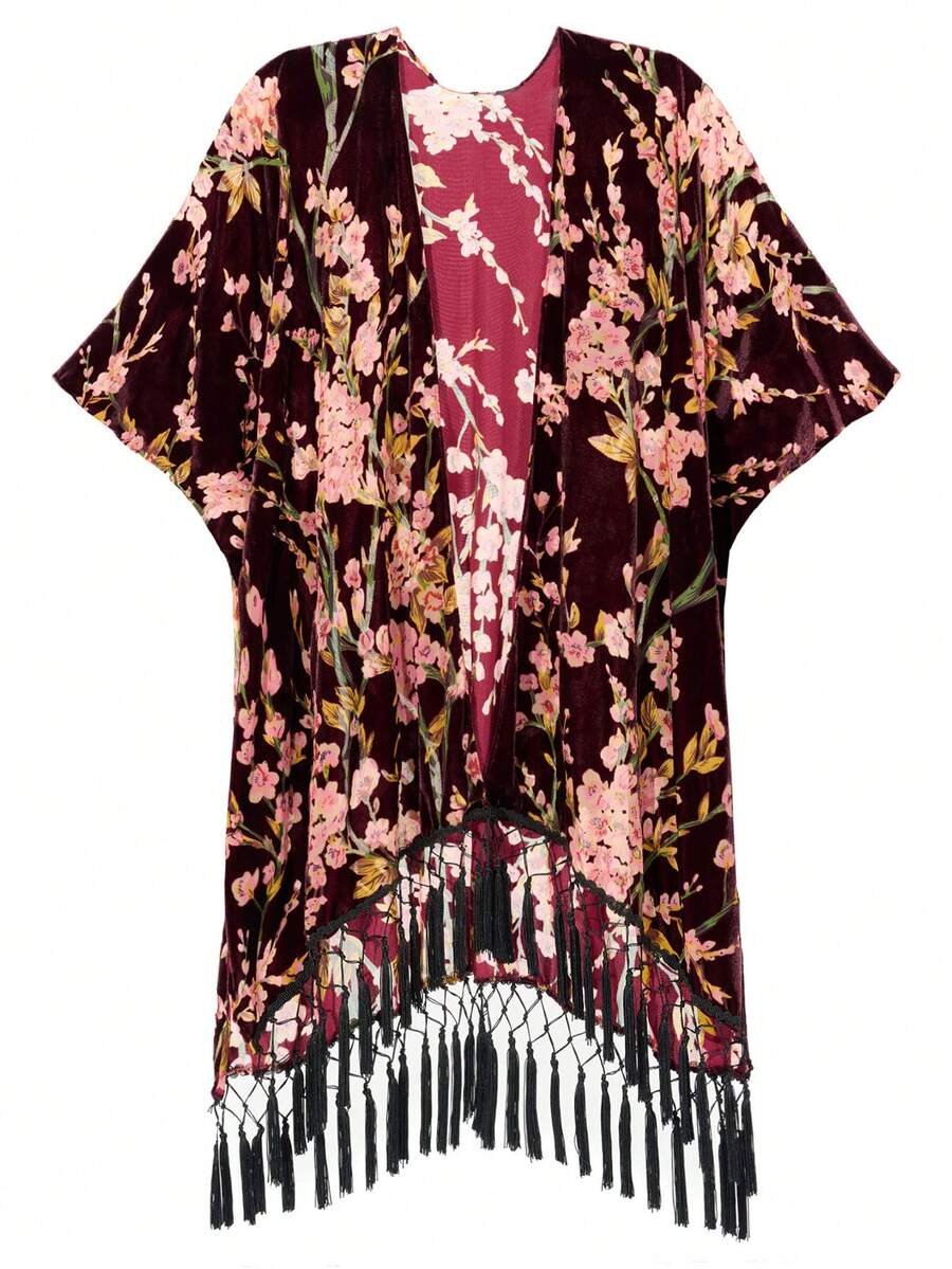 Easter Gift Burnout Velvet Kimono Cardigan For Women With Tassels, Elegant Flower Pattern, Swimsuit Cover-Up, Deep Red, 1 Size Fits All - Màu Đỏ Sâu - Xem 1