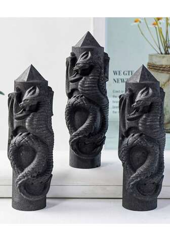 1pc Natural Shungite Tower Point Wand Dragon Minerals,Shungite Tower With Dragon Carving, Home Decoration